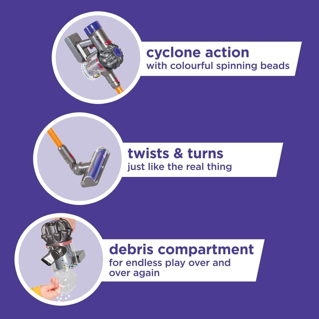 Casdon Dyson Cordless Vacuum Interactive & Officially Licensed Toy Dyson Vacuum For Children Aged 3+ Realistic Role-Play Fun, Purple and Orange - Image 6