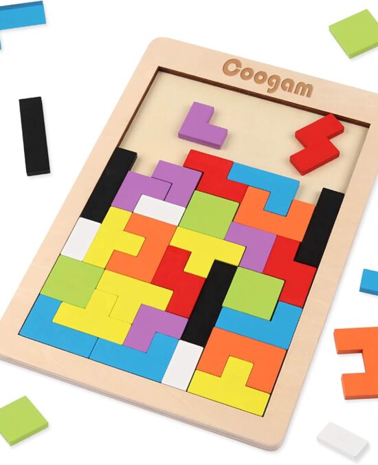 Coogam Wooden Blocks Puzzle Brain Teasers Toy Tangram Jigsaw Intelligence Colorful 3D Russian Blocks Game STEM Montessori Educational Gift for Kids (40 Pcs)