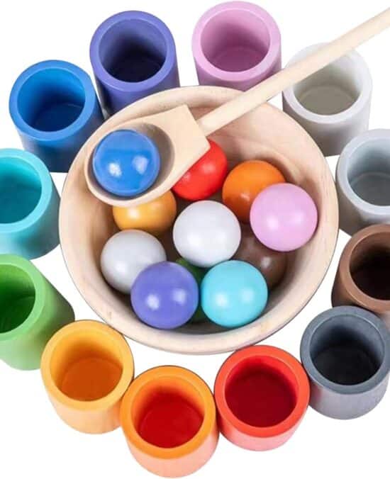 Rainbow Balls in Cups Toddler Montessori Toys for 3 Year Old Up, Kids Preschool Wooden Matching Games for Learning Color Sorting and Counting