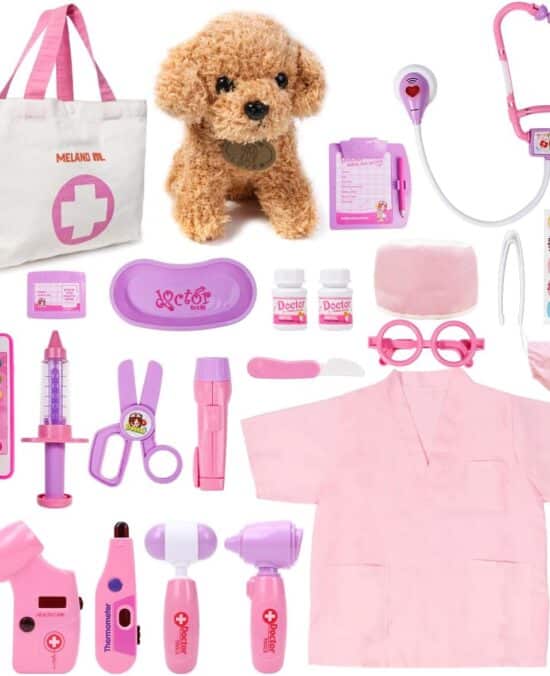 Meland Toy Doctor Kit for Girls - Pretend Play Doctor Set with Dog Toy, Carrying Bag, Stethoscope Toy & Dress Up Costume - Doctor Play Gift for Kids Toddlers Ages 3 4 5 6 Year Old for Role Play