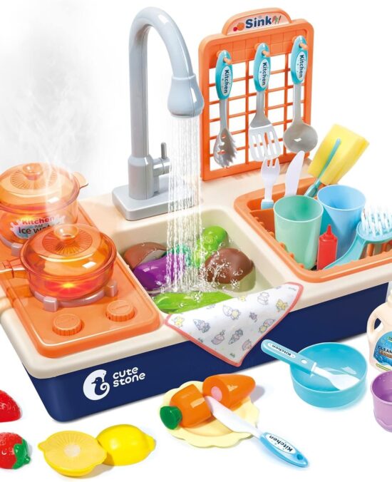 CUTE STONE Pretend Play Kitchen Sink Toys with Play Cooking Stove, Pot and Pan with Spray Realistic Light and Sound, Dish Rack & Play Cutting Food, Utensils Tableware Accessories for Kids Toddlers