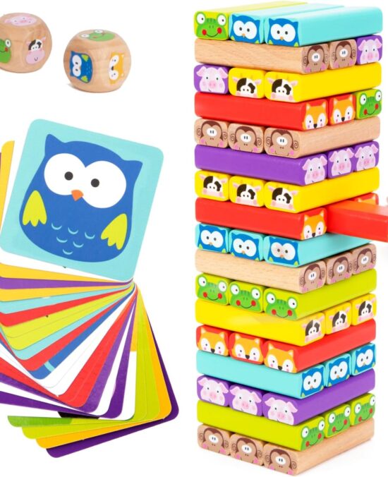Nene Toys Wooden Tumble Tower Game with Animals & Colors, 4-in-1 Educational Family Board Game for Kids Ages 3-9, Creativity & Cognitive Skills Booster - Gift for Boys Girls 3+ Years