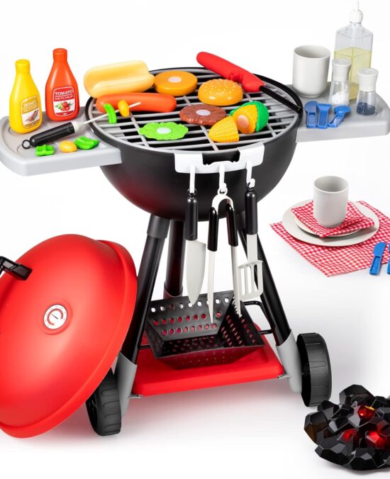 JOYIN 34 PCS Kitchen Toy Set, BBQ Play Grill, Cooking Toy Set, Little Chef Play, Kids Grill Playset Interactive BBQ for Kids with Light & Sound, Birthday Gift for Boys Girls