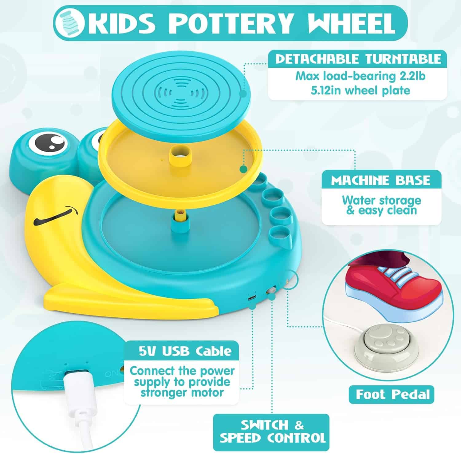 Pottery Wheel for Kids - Complete Art Supplies Arts & Crafts Kit, Crafts for Girls 8-12, Girls Boy Toys Birthday Halloween Christmas Gift for Kids Ages 6 7 8 9 10 11 12+, (Snail) - Image 3