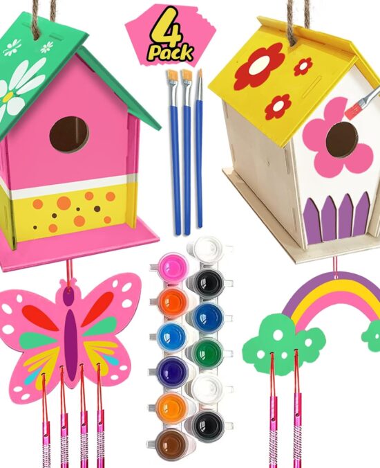 Crafts for Kids Ages 4-8 - 4 Pack DIY Bird House Wind Chime Kit - Build and Paint Birdhouses Wooden Arts Kits Easter Basket Stuffers Gifts for Girls Kids Boys Toddlers Ages 3-5 4-6 6-8 8-12