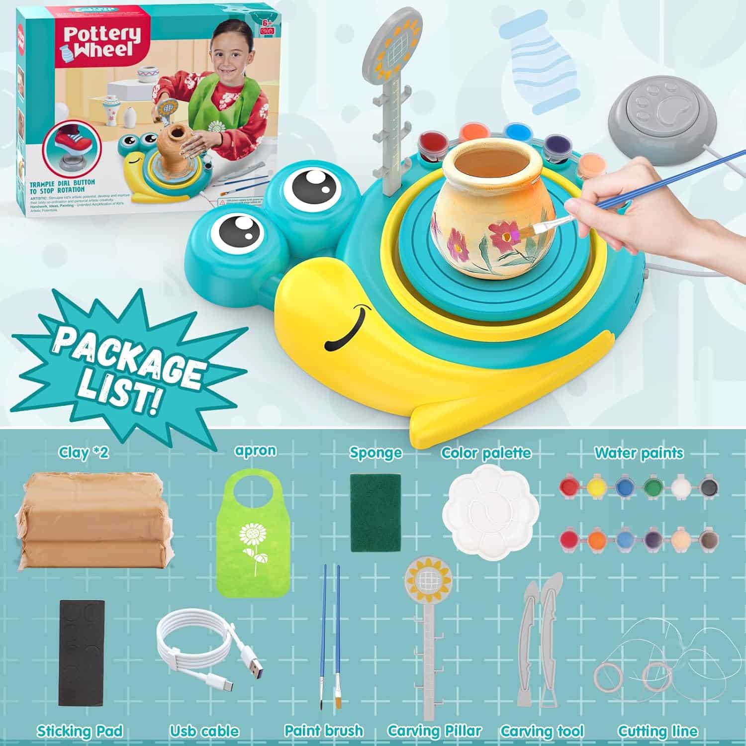 Pottery Wheel for Kids - Complete Art Supplies Arts & Crafts Kit, Crafts for Girls 8-12, Girls Boy Toys Birthday Halloween Christmas Gift for Kids Ages 6 7 8 9 10 11 12+, (Snail) - Image 2
