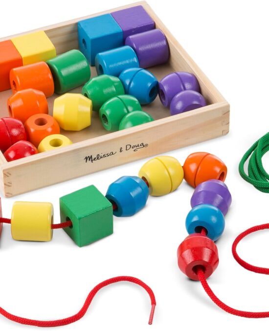 Melissa & Doug Primary Lacing Beads - Educational Toy with 8 Wooden Beads and 2 Laces