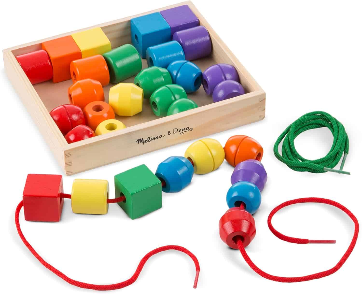 Melissa & Doug Primary Lacing Beads - Educational Toy with 8 Wooden Beads and 2 Laces