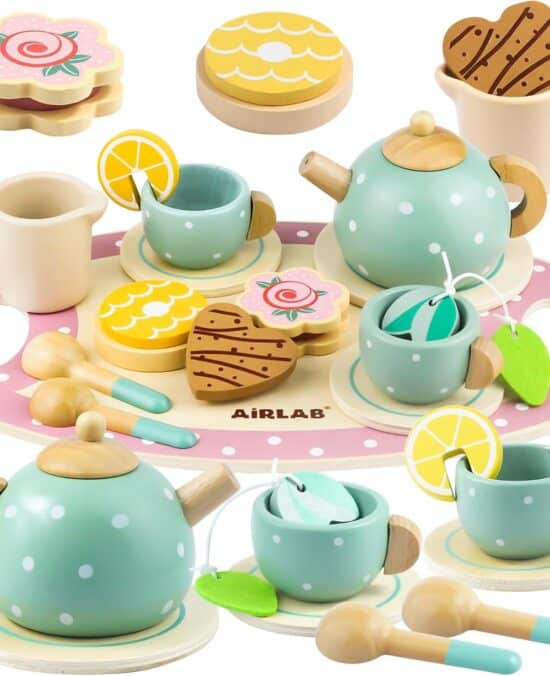 Wooden Tea Set for Little Girls Play Food Pretend Play Kitchen Accessories for 3 4 5 Years Old Girls and Boys Toddler Princess Tea Time Party Food Toys