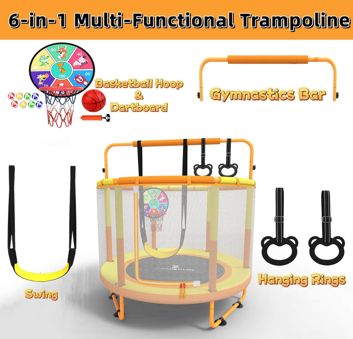 LANGXUN 60" Trampoline for Kids, 5ft Toddler Mini 6-in-1 Trampoline Indoor Outdoor with Swing, Basketball Hoop, Dart Board, Gymnastics Bar, Rings, Christmas Toys Birthday Gifts for Girls Boys Age 3-8 - Image 2