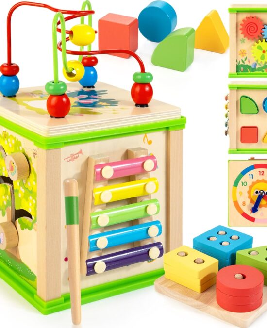 Wooden 7-in-1 Activity Cube| Montessori Toys for 1 2 3 Year Old Toddlers| Baby Educational Developmental Toys |One Year Old Boys Girls First Birthday Gifts |Bonus Sorting & Stacking Board