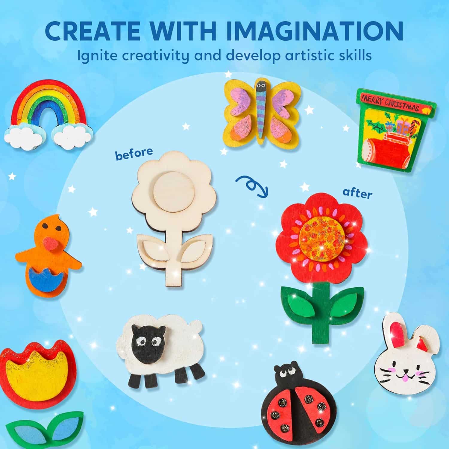 JOYIN 12 Wooden Magnet Creativity Arts & Crafts Painting Kit for Kids, Decorate Your Own Painting Gift for Easter Basket Stuffers, Birthday Parties and Family Crafts, Party Favors for Boys Girls - Image 4