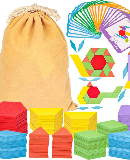 LovesTown 209 PCS Shapes Wooden Pattern Blocks for Kids,Geometric with Activity Cards and Storage Bag, Educational Tangram Puzzles,Great Learning Gift from Parents or Teachers