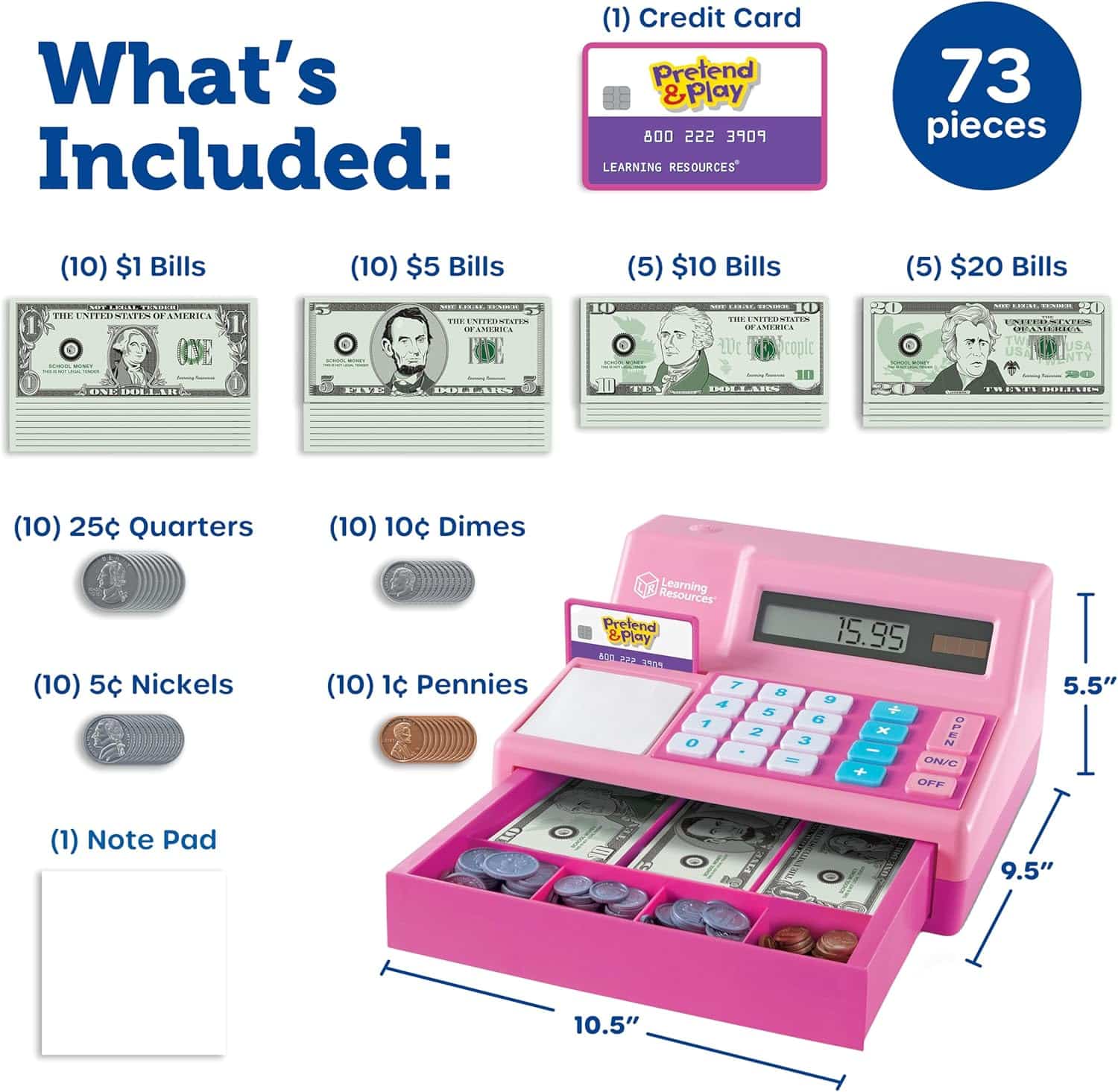 Learning Resources Pretend & Play Calculator Cash Register Toy - Gift for Kids, Toddler Toys, Play Money & Credit Card, Shopping Store Playset, Educational Preschool Activities - Image 6