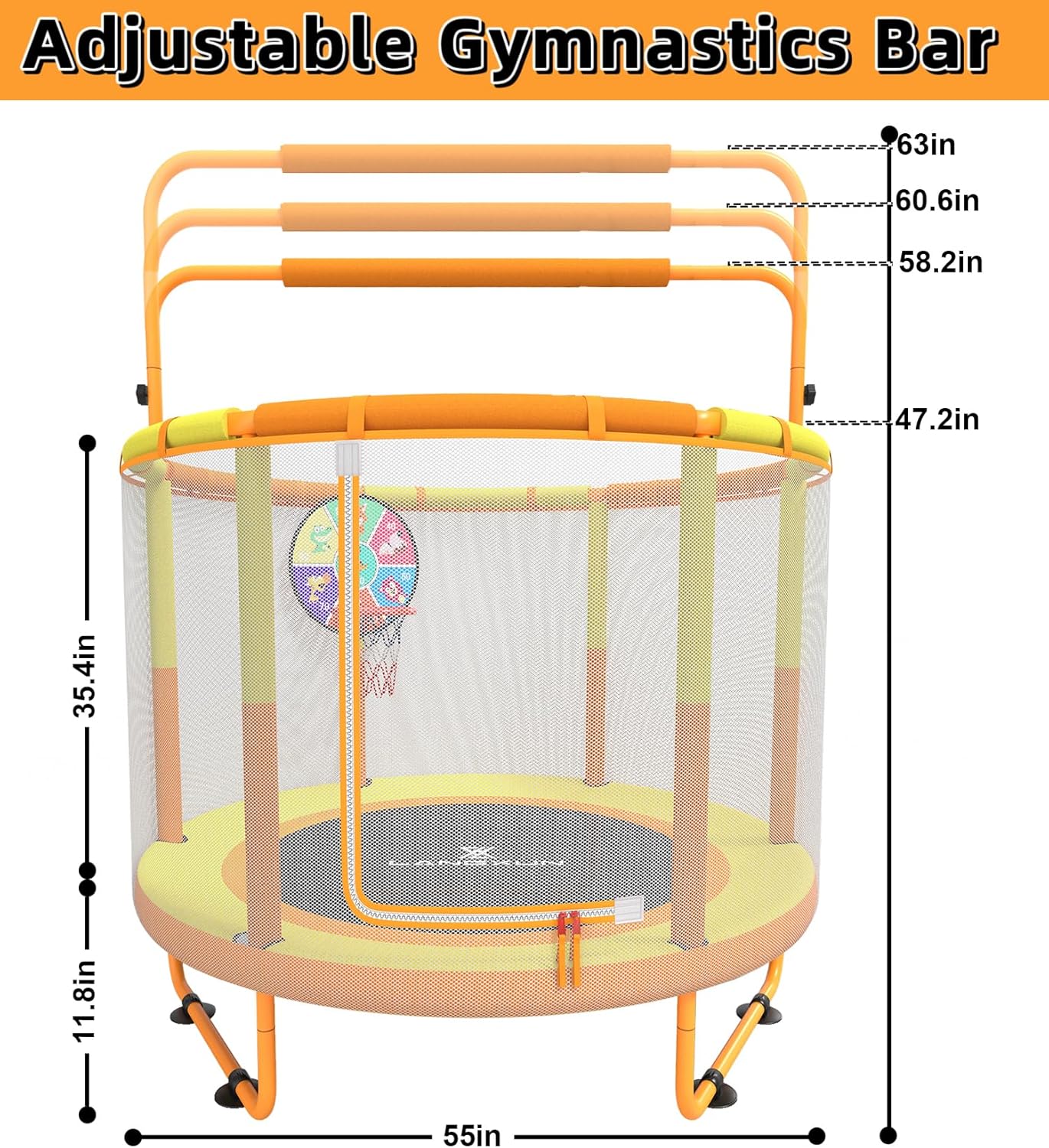 LANGXUN 60" Trampoline for Kids, 5ft Toddler Mini 6-in-1 Trampoline Indoor Outdoor with Swing, Basketball Hoop, Dart Board, Gymnastics Bar, Rings, Christmas Toys Birthday Gifts for Girls Boys Age 3-8 - Image 3