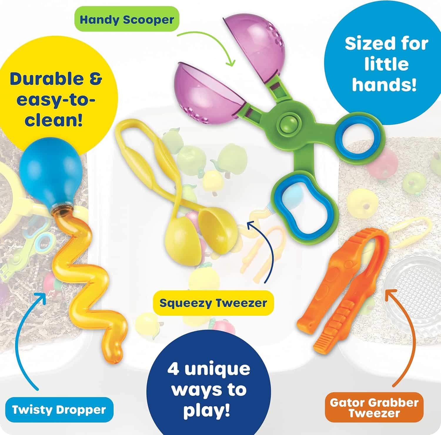 Learning Resources Helping Hands Fine Motor Tool Set Toy - 4 Pieces, Ages 3+ Fine Motor and Sensory Play Toys, Toddler Tweezers, Sensory Bin Toys - Image 6