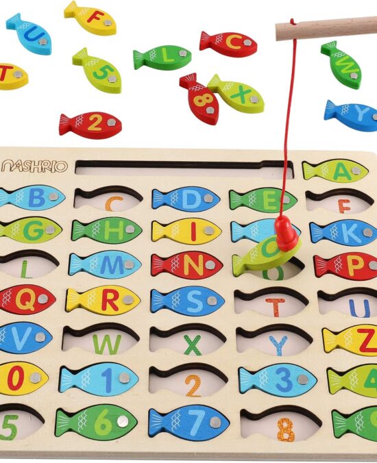 Magnetic Wooden Fishing Game Toy for Toddlers, Alphabet Fish Catching Counting Games Puzzle with Numbers and Letters, Preschool Learning ABC Math Educational Toys 3 4 5 Years Old Girl Boy Kids