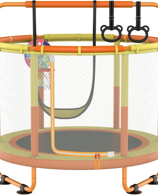 LANGXUN 60" Trampoline for Kids, 5ft Toddler Mini 6-in-1 Trampoline Indoor Outdoor with Swing, Basketball Hoop, Dart Board, Gymnastics Bar, Rings, Christmas Toys Birthday Gifts for Girls Boys Age 3-8