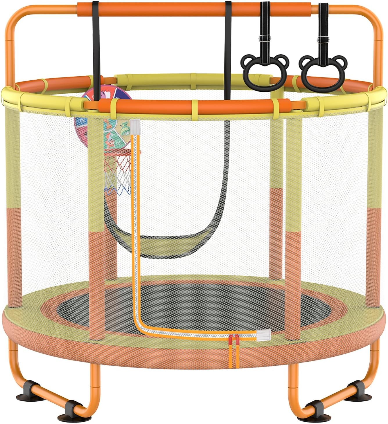 LANGXUN 60" Trampoline for Kids, 5ft Toddler Mini 6-in-1 Trampoline Indoor Outdoor with Swing, Basketball Hoop, Dart Board, Gymnastics Bar, Rings, Christmas Toys Birthday Gifts for Girls Boys Age 3-8