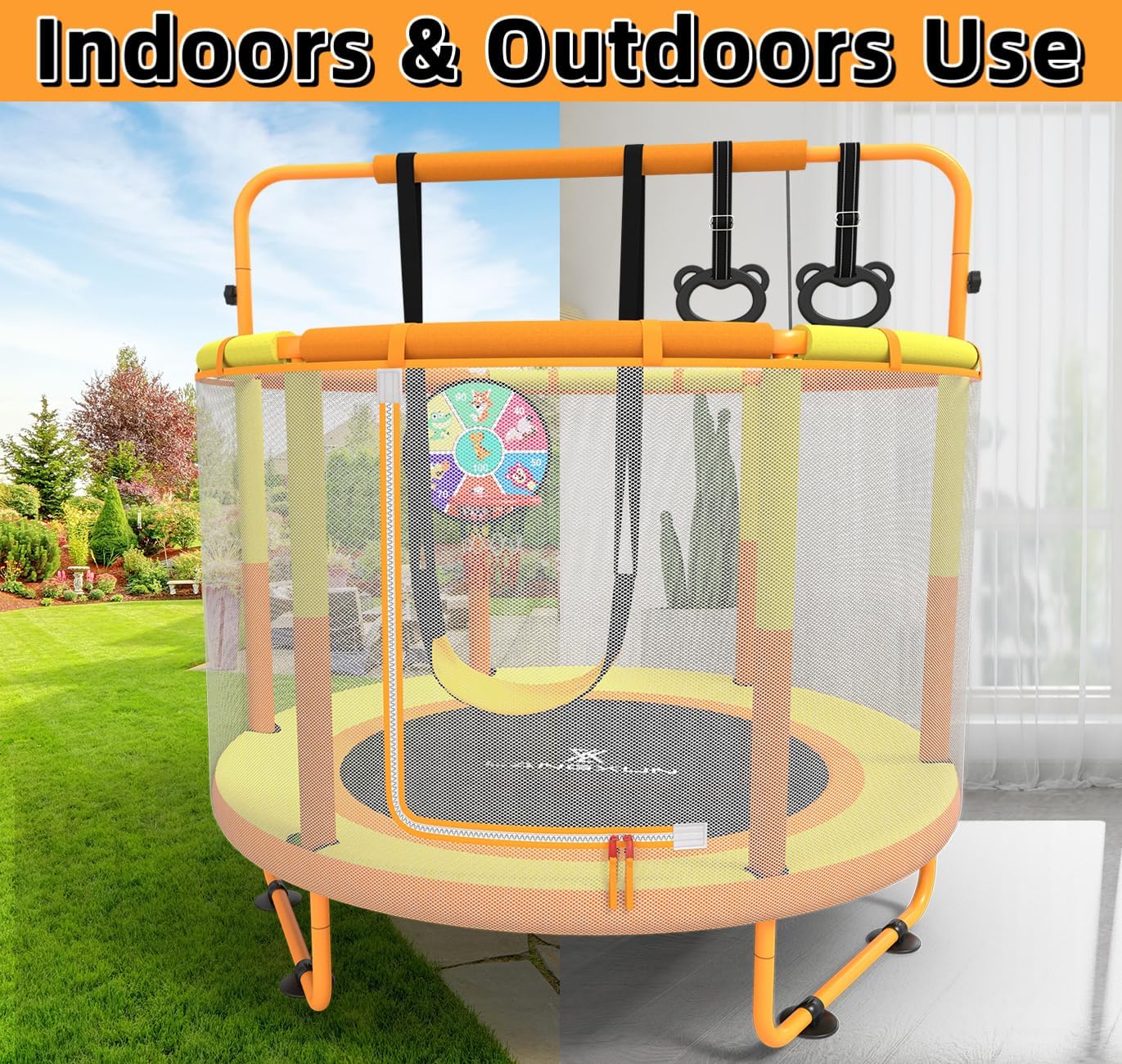 LANGXUN 60" Trampoline for Kids, 5ft Toddler Mini 6-in-1 Trampoline Indoor Outdoor with Swing, Basketball Hoop, Dart Board, Gymnastics Bar, Rings, Christmas Toys Birthday Gifts for Girls Boys Age 3-8 - Image 4