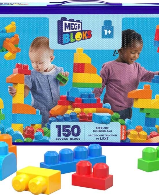 MEGA BLOKS First Builders Toddler Blocks Toys Set, Deluxe Building Bag with 150 Pieces and Storage, Blue, Ages 1+ Years