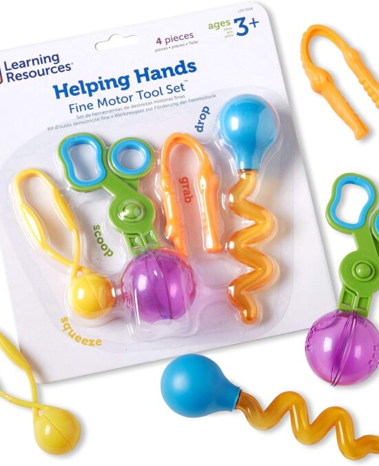 Learning Resources Helping Hands Fine Motor Tool Set Toy - 4 Pieces, Ages 3+ Fine Motor and Sensory Play Toys, Toddler Tweezers, Sensory Bin Toys