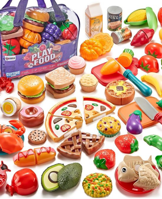 Pretend Play Food for Kids Kitchen - 78Pc Cutting Toy Food with Storage Bag, Food Toys with Veggies, Fruits, Fake Food with Pizza Toy, Pretend Food, Play Kitchen Accessories, Boys Girls Gift