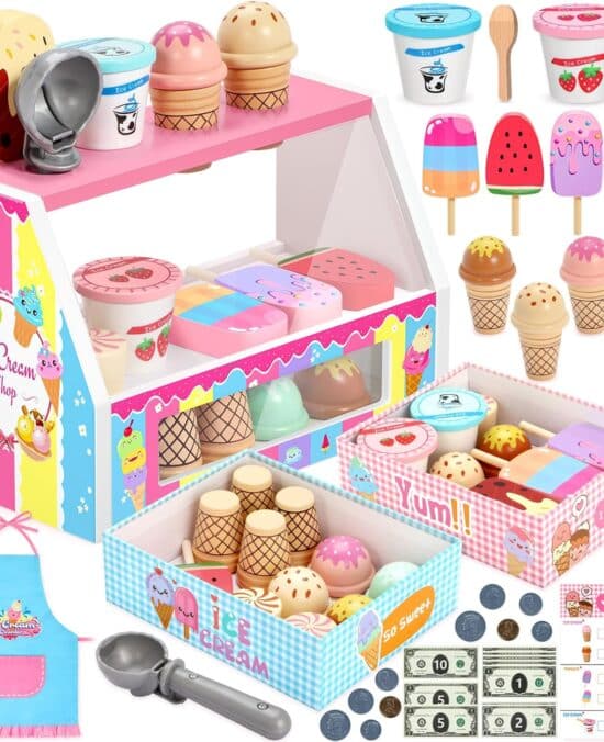 INNOCHEER Ice Cream Toy, Wooden Ice Cream Play Set, Pretend Play Kitchen Toys, Ice Cream Toys for Toddlers, Ice Cream Shop Playset Play Store, Gifts Toys for 3 4 5 6 7 8+ Year Old Girls Boys