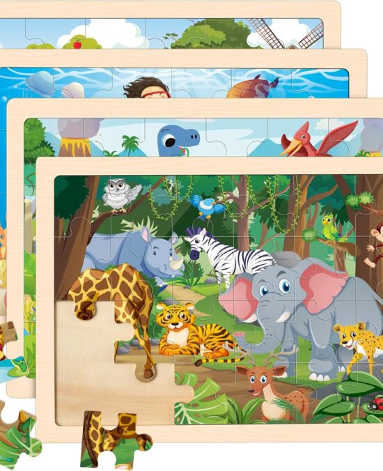 Wooden Animals Puzzles for Kids Age 3 4 5 Year Old, 4 Pack 24 Pcs Montessori Toddler Jigsaw Puzzles for Girl boy Activities Preschool Learning Educational Birthday Gift Travel Autistic Wooden Toys