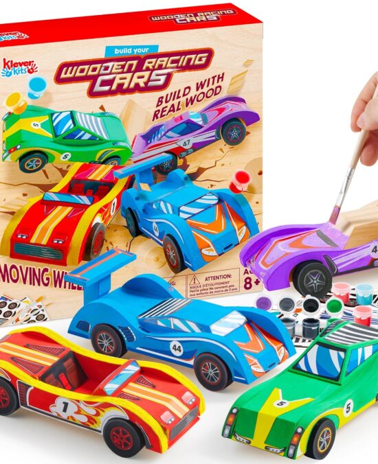 Klever Kits 4 DIY Wooden Race Cars-Build & Paint Your Own Wood Craft Kit, 4 Race Cars Toy, Easy to Assemble Arts Crafts Kit, Birthday Party Presents for Kids Boys and Girls