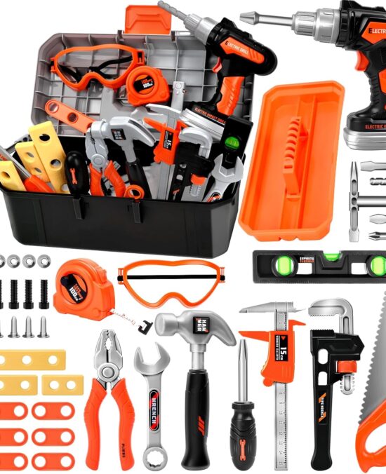 Toddler & Kids Tool Set with Electric Drill, 43 PCS STEM Educational Pretend Play Kit for Ages 3-8 - Realistic Tools & Portable Toolbox, Learning Gift for Boys & Girls (Orange/Black)‌