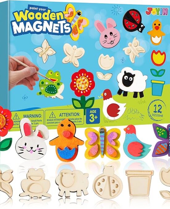 JOYIN 12 Wooden Magnet Creativity Arts & Crafts Painting Kit for Kids, Decorate Your Own Painting Gift for Easter Basket Stuffers, Birthday Parties and Family Crafts, Party Favors for Boys Girls
