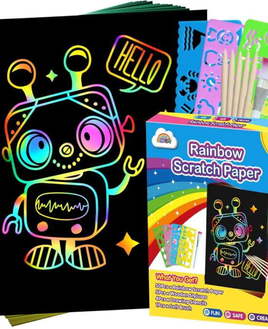 ZMLM Scratch Art Crafts Boys Gifts, 50 Rainbow Scratch Paper Art Gifts for 3 4 5 6 7 8 9 10 Years Old Girls and Boys Kids, Arts and Crafts for Kids 4-6 Birthday Toys and Games Activities Gift (Blue)