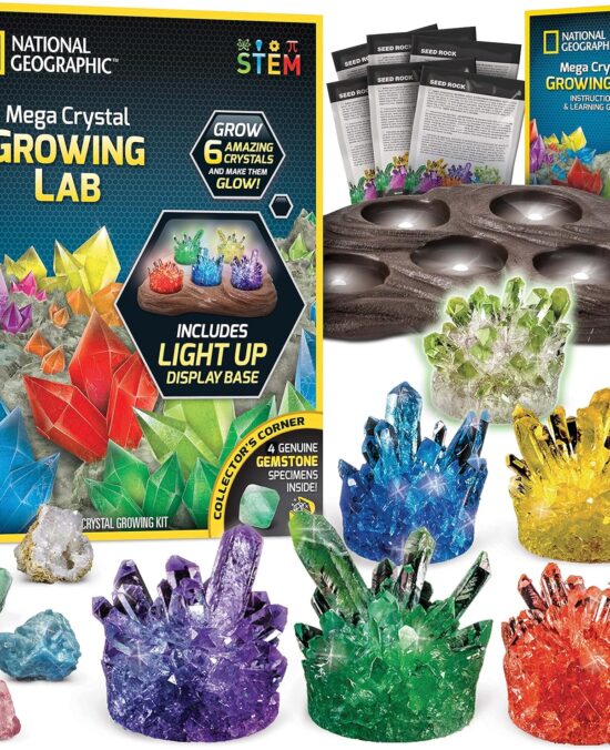 NATIONAL GEOGRAPHIC Mega Crystal Growing Kit for Kids- Grow 8 Crystals with Light-Up Stand, Science Gifts for Kids 8-12, Crystal Making Experiment, Science Kit for Girls and Boys