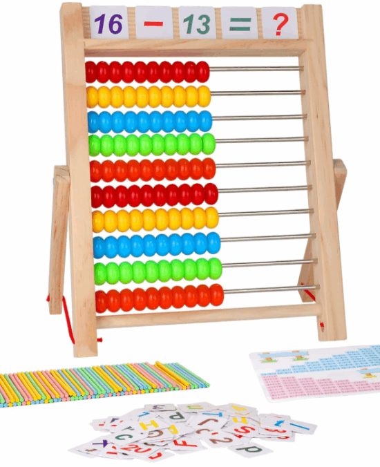 KIDWILL Preschool Math Learning Toy,10-Row Wooden Frame Abacus with Multi-Color Beads, Counting Sticks, Number Alphabet Cards, Gift for 2 3 4 5 6 Years Old Toddlers Boys Girls