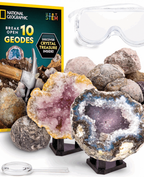 National Geographic Break Open 10 Premium Geodes – Includes Goggles & 2 Display Stands - Great STEM Science Kit, Geology Gift for Kids, Break Your Own Geodes with Crystals